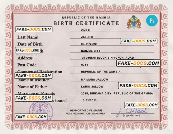 Gambia vital record birth certificate PSD template, fully editable scan