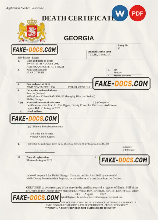Georgia vital record death certificate Word and PDF template scan