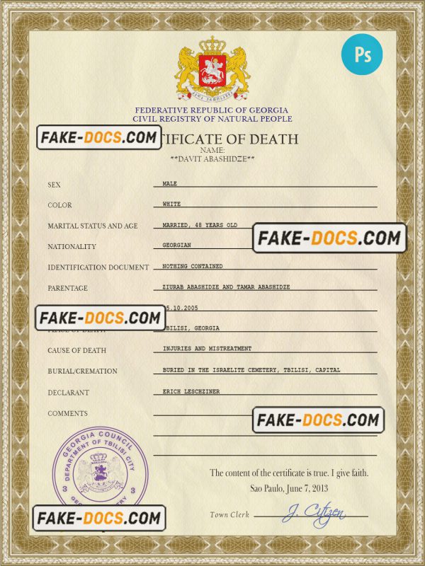 Georgia vital record death certificate PSD template, fully editable scan