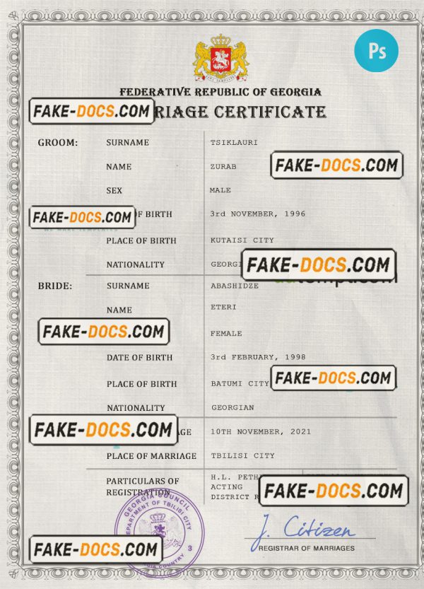Georgia marriage certificate PSD template, fully editable scan