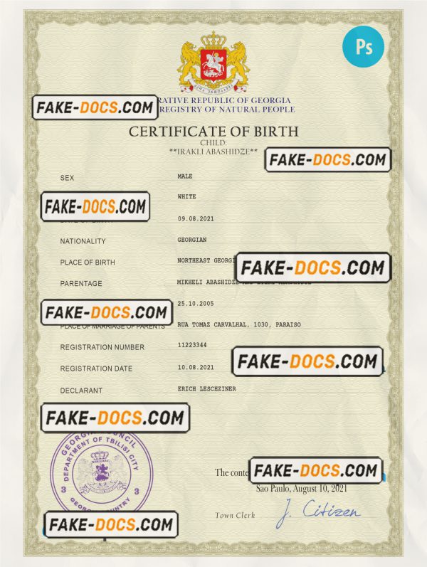Georgia vital record birth certificate PSD template scan