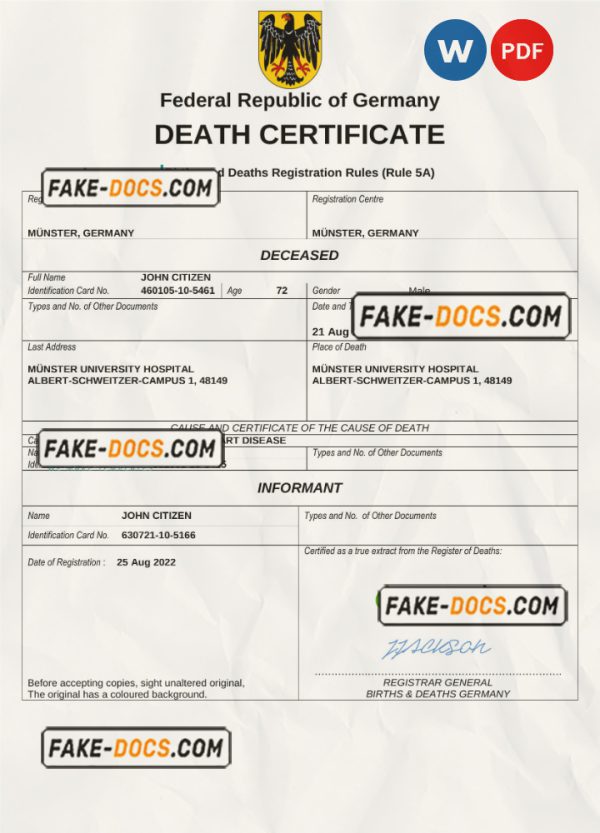 Germany death certificate Word and PDF template, completely editable scan