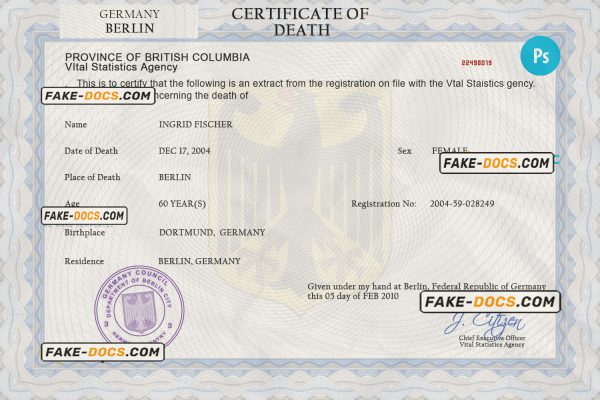 Germany death certificate PSD template, completely editable scan