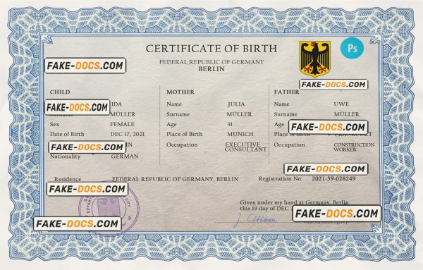 Germany vital record birth certificate PSD template, completely editable scan