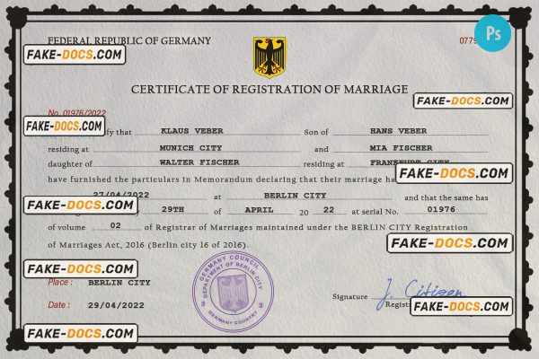 Germany marriage certificate PSD template, completely editable scan