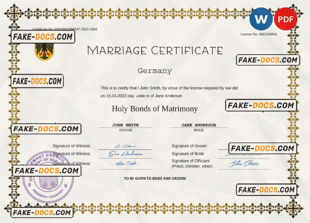Germany marriage certificate Word and PDF template, completely editable scan