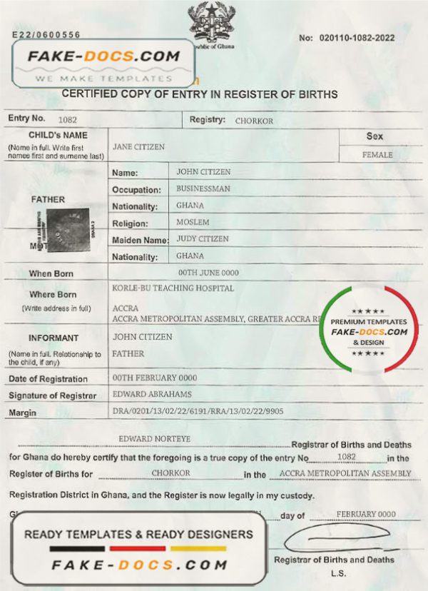 Ghana birth certificate template in PSD format, fully editable scan