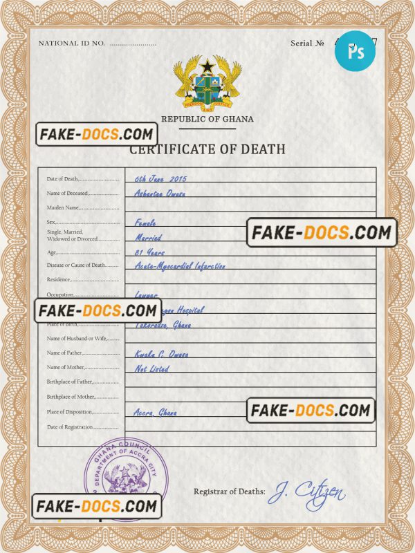 Ghana vital record death certificate PSD template, completely editable scan
