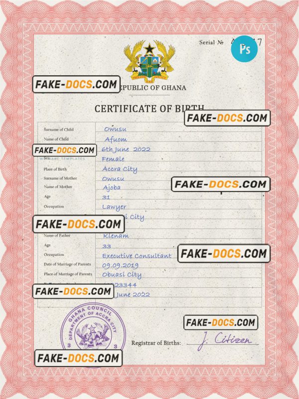 Ghana vital record birth certificate PSD template, completely editable scan