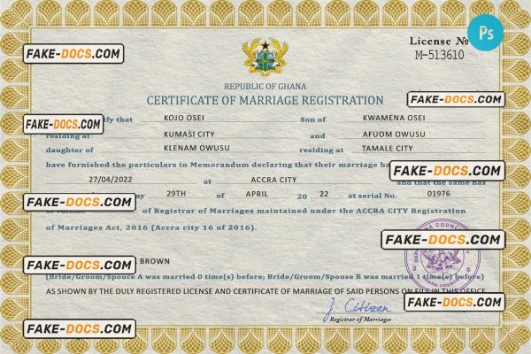 Ghana marriage certificate PSD template, fully editable scan