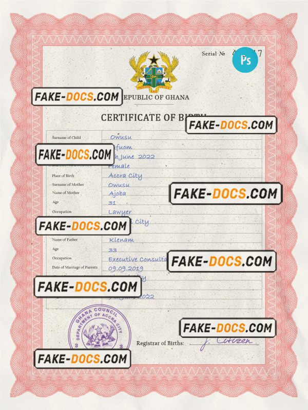 Ghana vital record birth certificate PSD template, completely editable scan