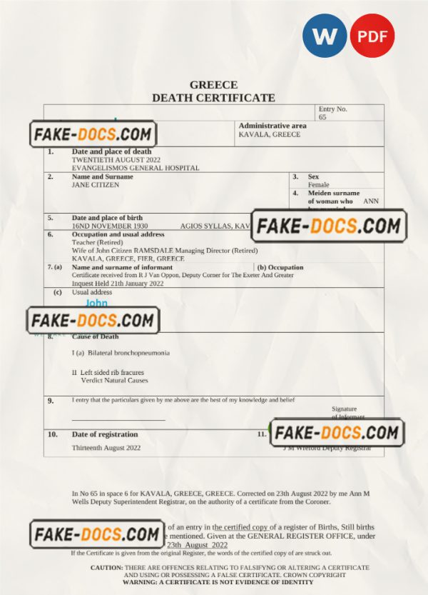 Greece death certificate Word and PDF template, completely editable scan