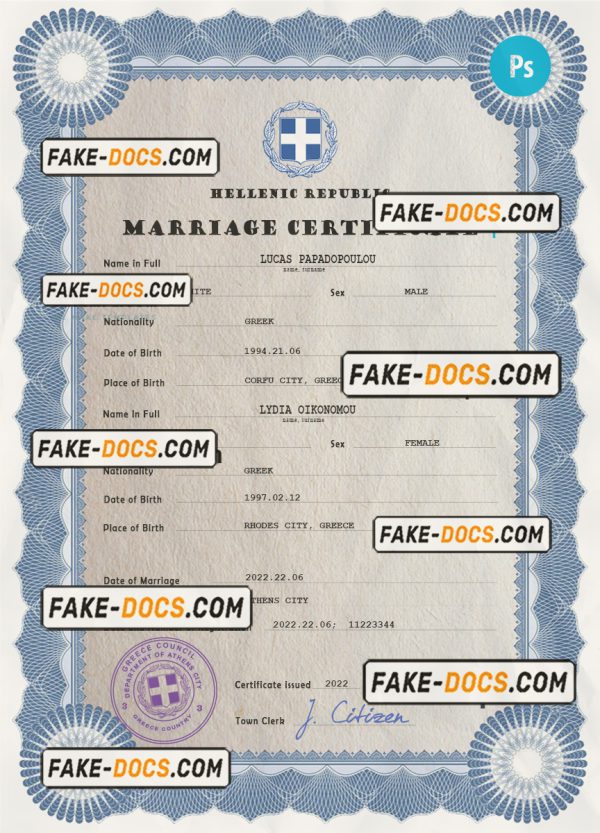 Greece marriage certificate PSD template, completely editable scan