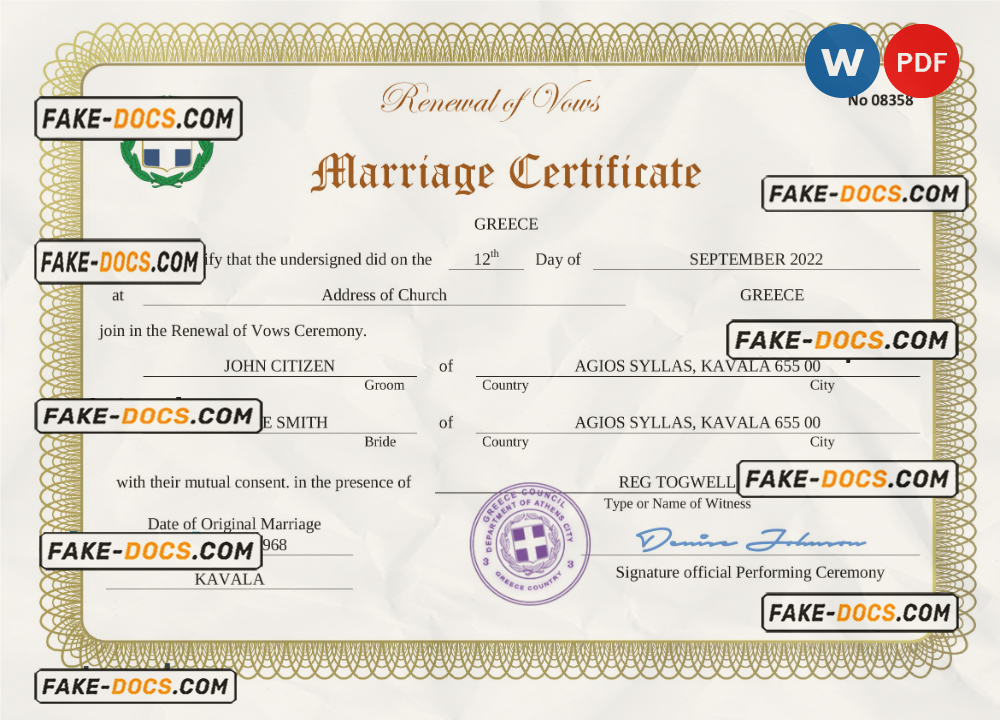 Greece marriage certificate Word and PDF template, completely editable scan