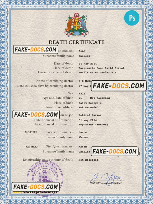 Grenada death certificate PSD template, completely editable scan