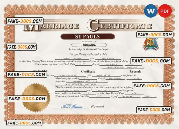 Grenada marriage certificate Word and PDF template, fully editable scan