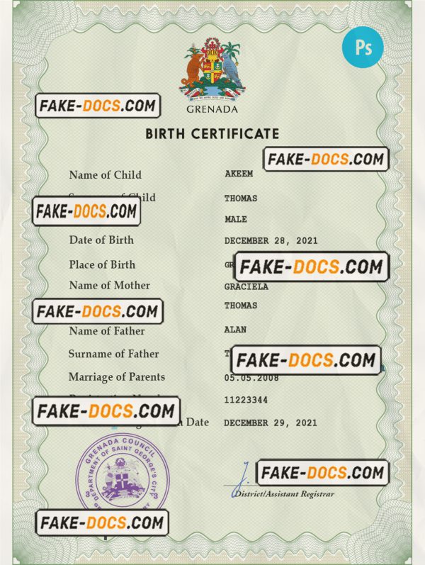 Grenada vital record birth certificate PSD template, fully editable scan