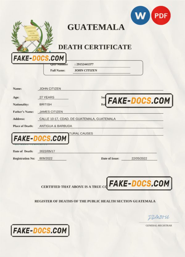 Guatemala death certificate Word and PDF template, completely editable scan
