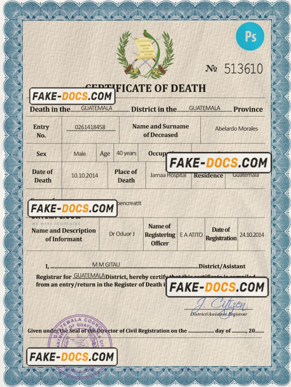 Guatemala vital record death certificate PSD template, fully editable scan