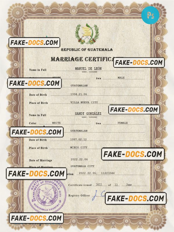 Guatemala marriage certificate PSD template, completely editable scan