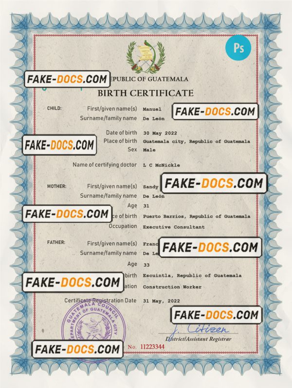 Guatemala vital record birth certificate PSD template scan