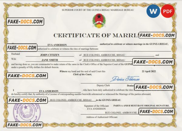 Guinea Bissau marriage certificate Word and PDF template, fully editable scan