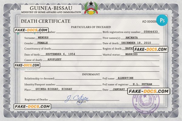 Guinea-Bissau vital record death certificate PSD template, completely editable scan
