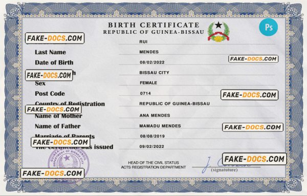 Guinea-Bissau birth certificate PSD template, completely editable scan