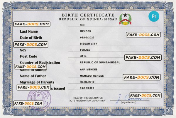 Guinea-Bissau birth certificate PSD template, completely editable scan