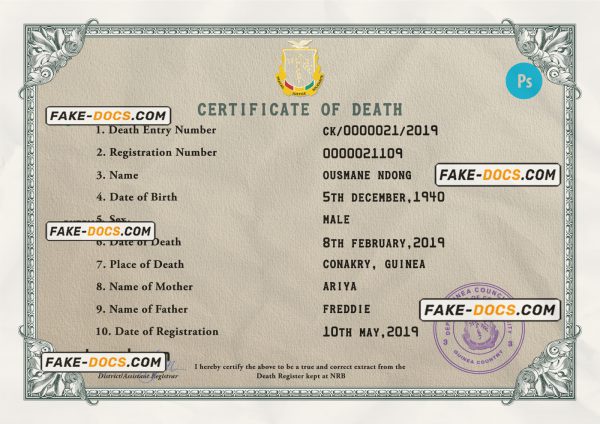 Guinea death certificate PSD template, completely editable scan