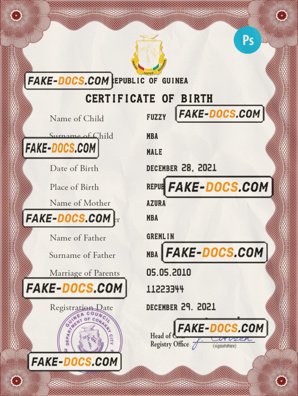 Guinea vital record birth certificate PSD template, completely editable scan