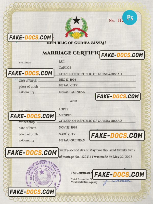 Guniea-Bissau marriage certificate PSD template, completely editable scan