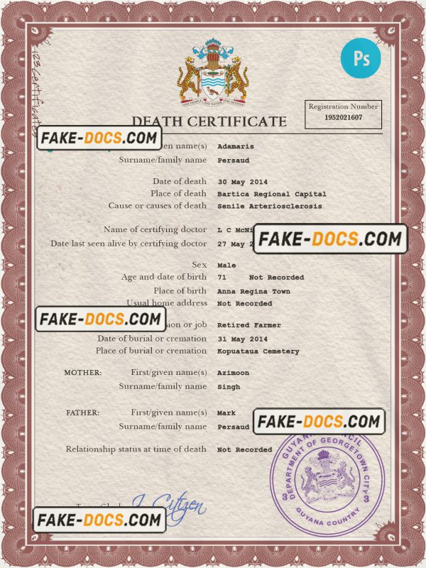 Guyana vital record death certificate PSD template scan