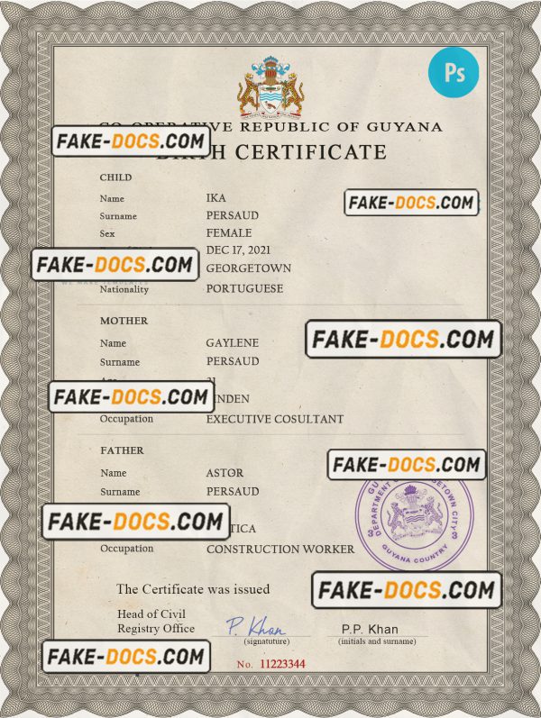 Guyana vital record birth certificate PSD template, fully editable scan