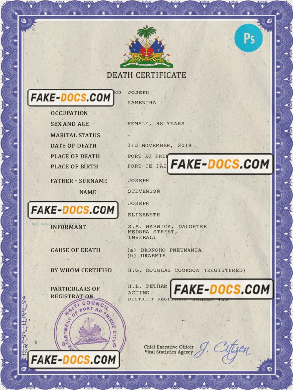 Haiti death certificate PSD template, completely editable scan