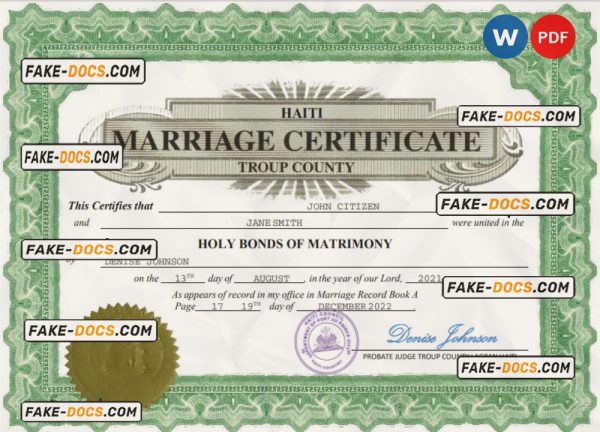 Haiti marriage certificate Word and PDF template, completely editable scan