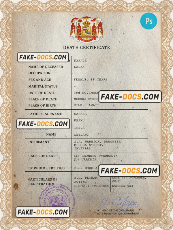 Hawaii vital record death certificate PSD template scan