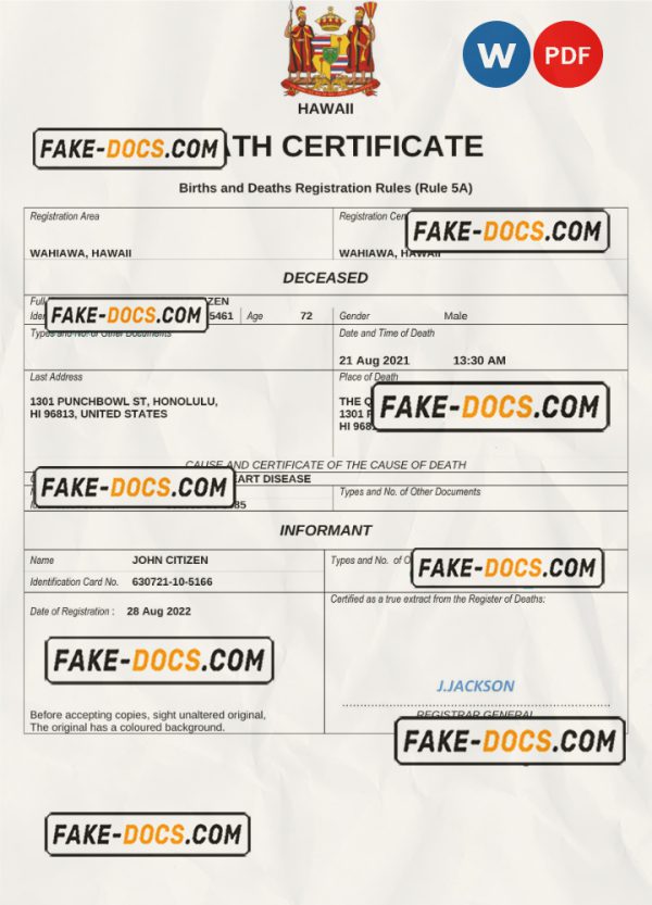 Hawaii death certificate Word and PDF template, completely editable scan