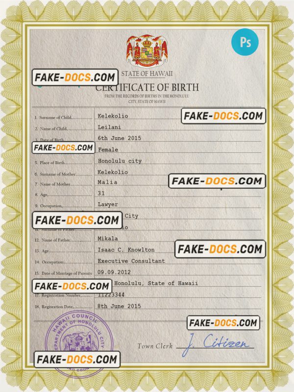 Hawaii birth certificate PSD template, completely editable scan