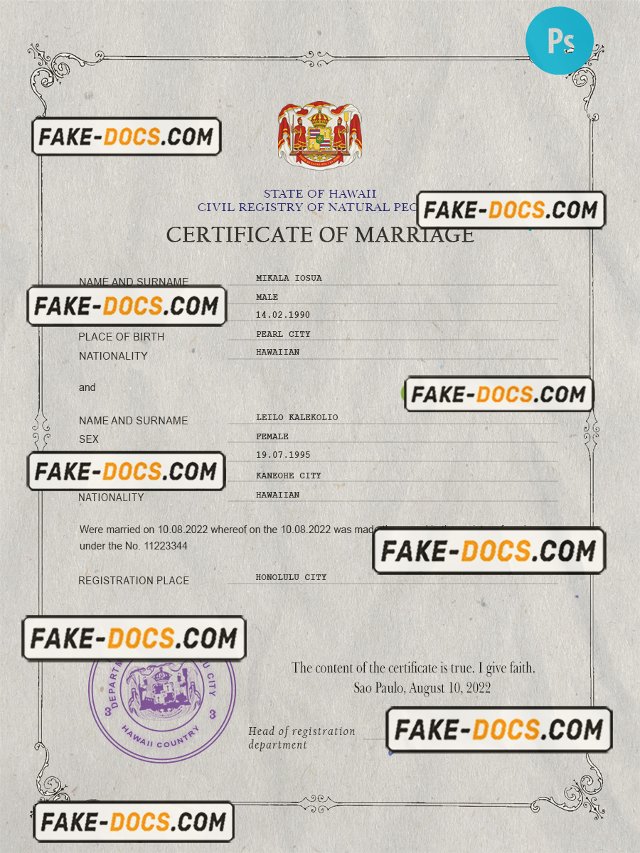 Hawaii marriage certificate PSD template fully editable Fake Docs