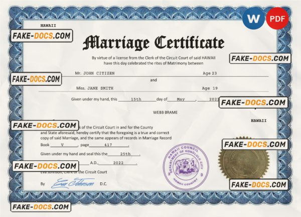 Hawaii marriage certificate Word and PDF template, fully editable scan