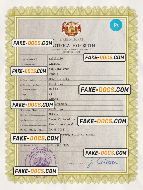 Hawaii birth certificate PSD template, completely editable scan