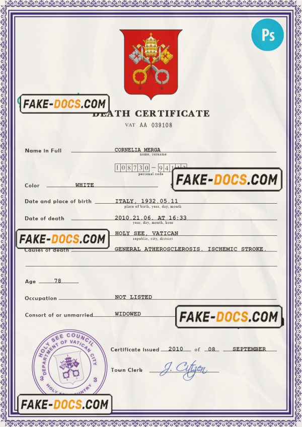 Holy See vital record death certificate PSD template, fully editable scan
