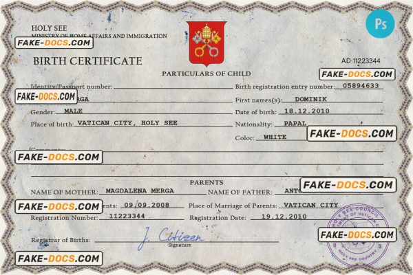 Holy See vital record birth certificate PSD template, fully editable scan