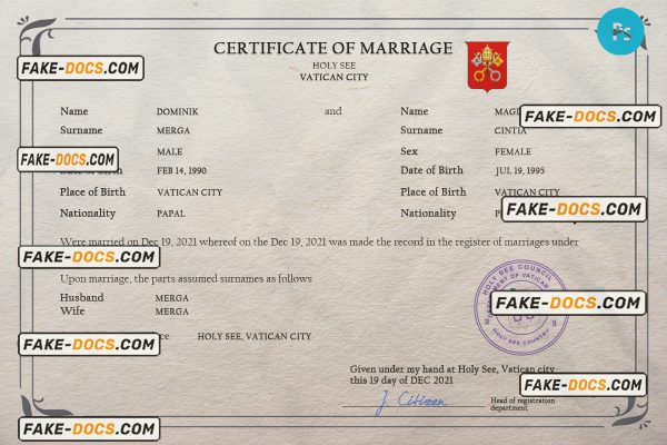 Holy See marriage certificate PSD template, completely editable scan