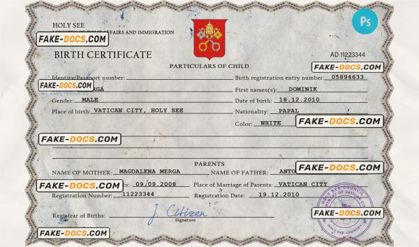 Holy See vital record birth certificate PSD template, fully editable scan