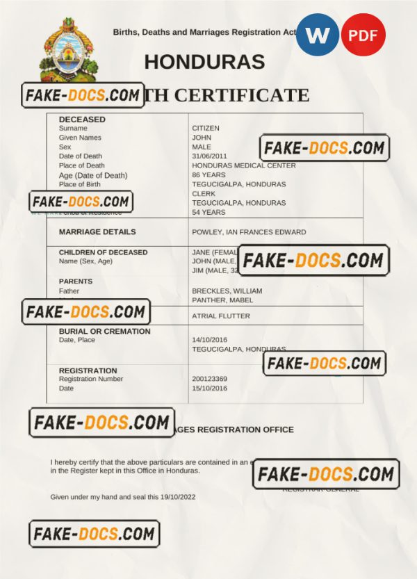 Honduras vital record death certificate Word and PDF template scan
