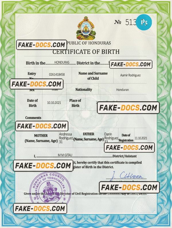Honduras vital record birth certificate PSD template scan