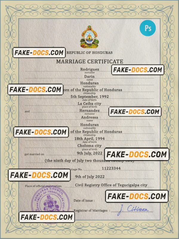Honduras marriage certificate PSD template, fully editable scan