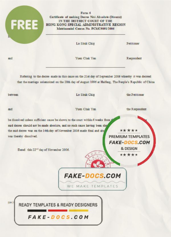 Hong Kong divorce certificate template in Word and PDF format scan